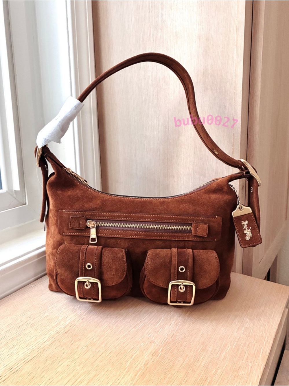 NWT🐎Coach Allison Suede Zip Top Shoulder Bag Warm Brown CFO84 Fall Pockets